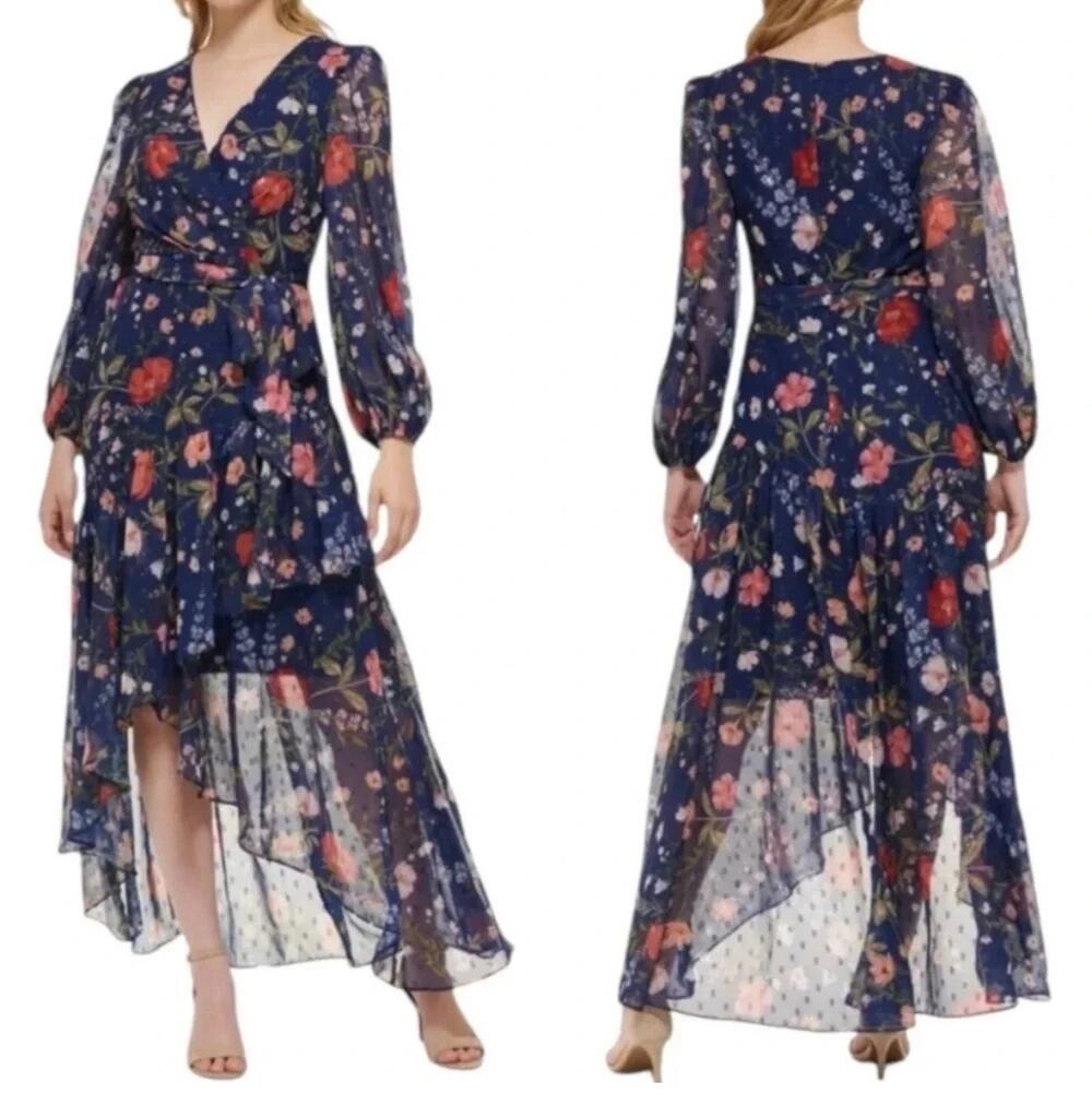 ELIZA J Floral Chiffon Surplice Asymmetric Midi Dress